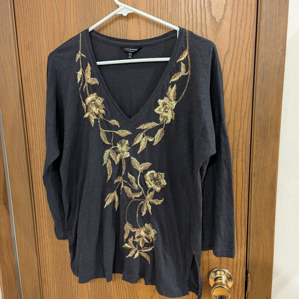 White House Black Market Lucky Brand-Metallic Stitched Floral Gray 3/4 Sleeve M